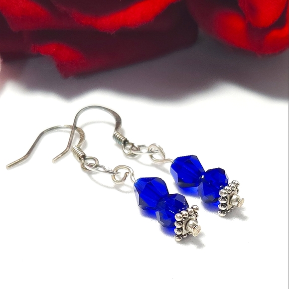 Handmade Jewelry - Handmade Cobalt Blue Crystal Silver Dangle Earrings Handmade By Me
